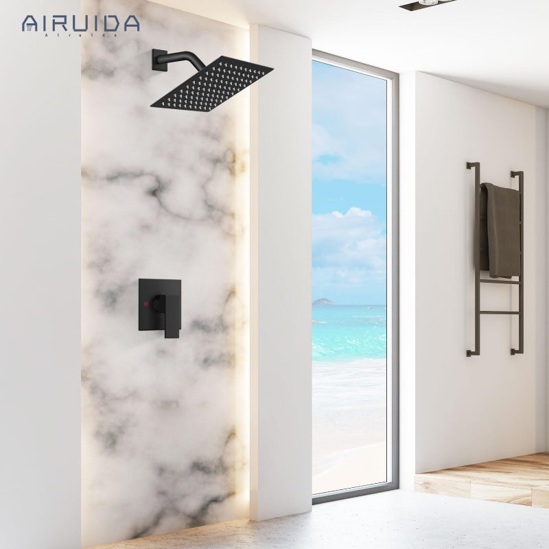 Airuida Shower Faucet Set Bathroom Rain Shower System 8 Inch Square Showerhead Single Function 1 Handle Trim Kit with Female Thread Rough-in Valve Cover Plate with H and C Labels Matte Black - Image 3